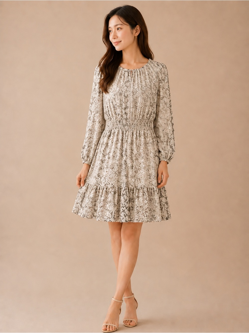 J.Crew Snake Print Smocked Waist Mini Dress Long Sleeve Size S